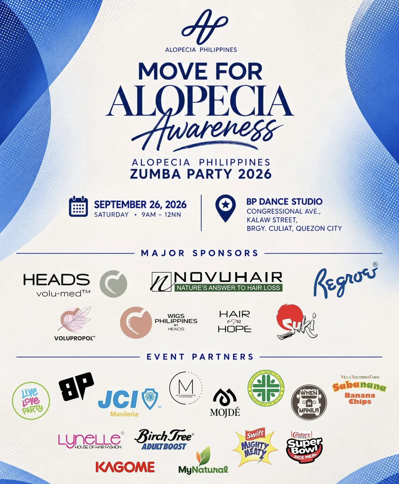 Move for Alopecia Awareness — Alopecia Philippines Zumba Party 2026 poster, with HEADS, Volupropol, Wigs Philippines and Hair for Hope among the sponsors