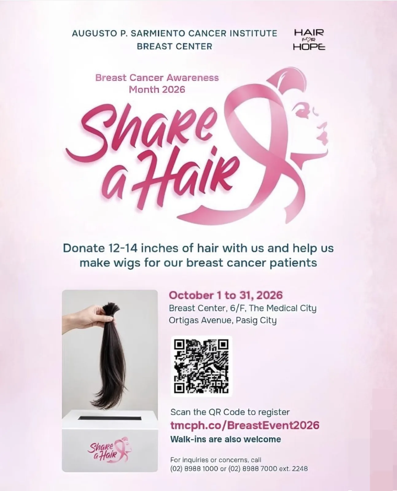 Share a Hair — Breast Cancer Awareness Month 2026 poster of the Augusto P. Sarmiento Cancer Institute Breast Center, The Medical City, with Hair for Hope: donate 12–14 inches of hair, 1–31 October 2026