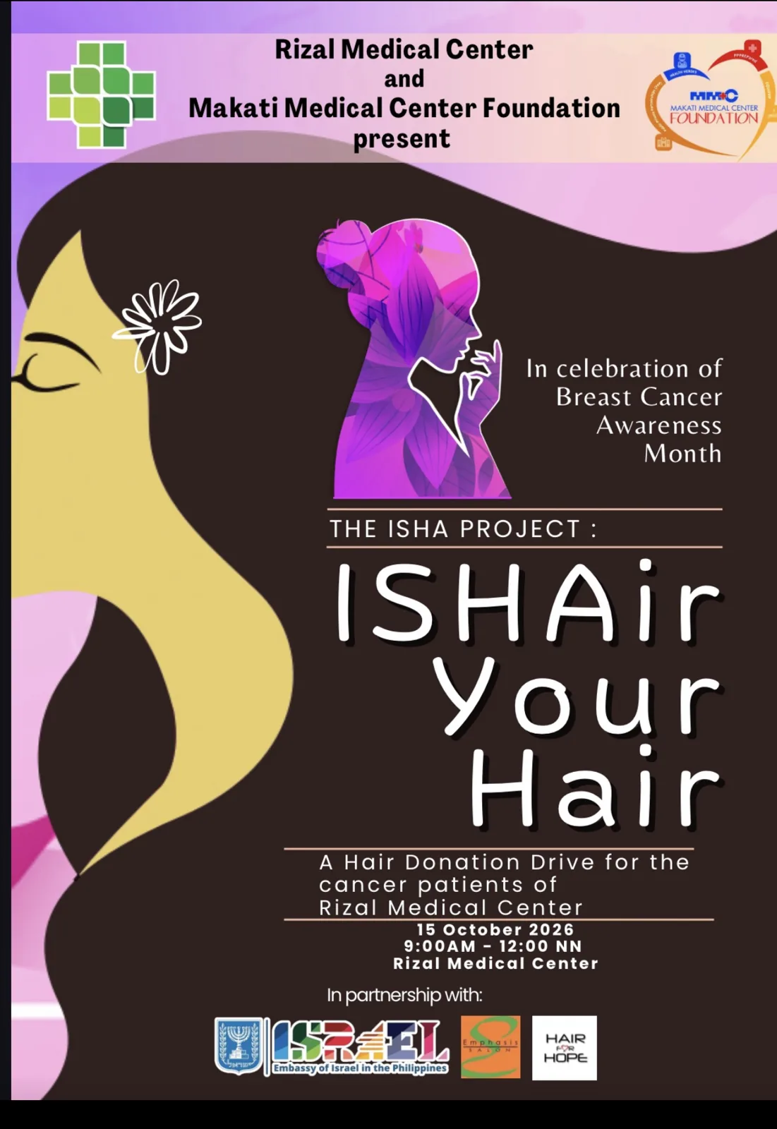 ISHAir Your Hair — The ISHA Project hair donation drive poster, presented by Rizal Medical Center and the Makati Medical Center Foundation, 15 October 2026