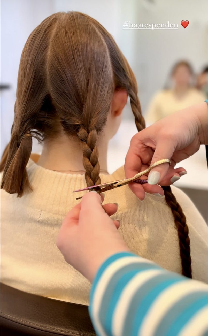 A Hair for Hope donation cut: the braid is separated above the tie